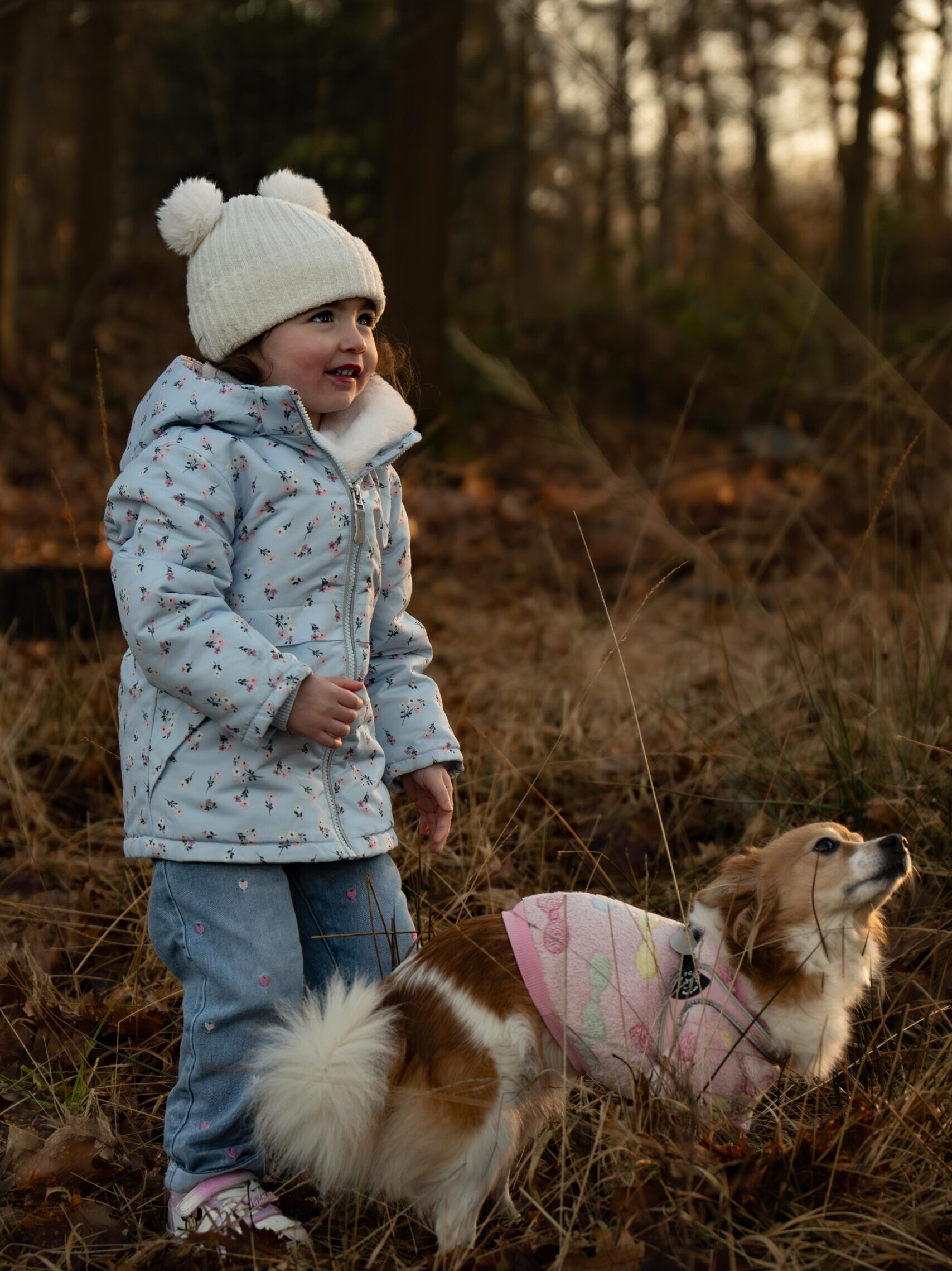 Mädchen mit Hund in Heide im Winter